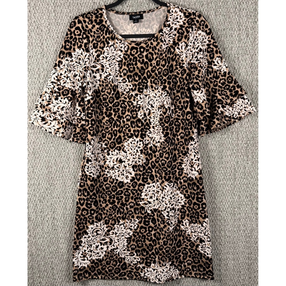 Tacera Leopard Floral Shift Dress S Brown Tan Animal Print Bell Sleeve P70